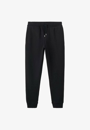 Zwarte sweatpants gemaakt van zachte stof, met een elastische tailleband met trekkoord, taps toelopende pijpen en geribbelde boorden. Geen zakken zichtbaar.
