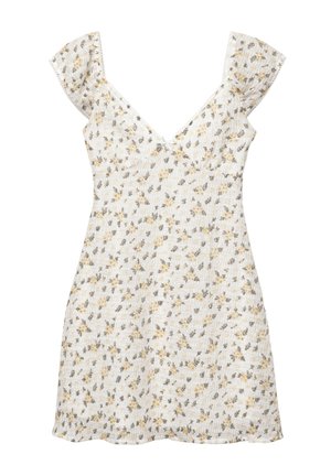 Kukkamekko vaaleassa kreemissä, jossa on V-pääntie, lyhyet puffhihoja ja istuva vartalo, joka levenee helmasta. Pienet keltaiset ja harmaat kukkakuviot.