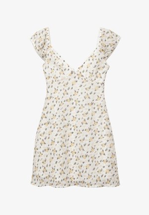 Kukkamekko vaaleassa kreemissä, jossa on V-pääntie, lyhyet puffhihoja ja istuva vartalo, joka levenee helmasta. Pienet keltaiset ja harmaat kukkakuviot.