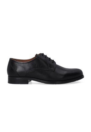 Schwarze Leder-Dressschuhe mit runder Zehenform, niedrigem Absatz und Schnürung mit fünf Ösen. Glatte Oberfläche und minimale Nahtdetails.
