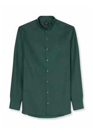 Dunkelgrünes Herrenhemd mit langen Ärmeln, Stehkragen, durchgehender Knopfleiste vorne und subtil strukturierter Stoff.