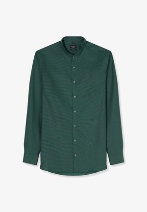 Dunkelgrünes Herrenhemd mit langen Ärmeln, Stehkragen, durchgehender Knopfleiste vorne und subtil strukturierter Stoff.