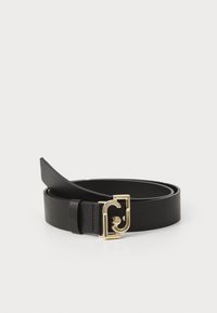 Cintura in pelle nera con una texture liscia, dotata di una fibbia in tonalità oro con un design unico. Lunghezza regolabile con una sola cinghia.