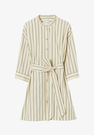 Vestido de color claro con rayas negras verticales, con cuello redondo, mangas largas, botones en el frente y cinturón anudado en la cintura. Material de mezcla de algodón.