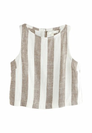 Top din in ro fără mâneci, cu dungi verticale bej și albe, decolteu rotund și închidere cu fermoar la spate.