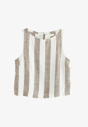 Mouwloos linnen topje met verticale beige en witte strepen, ronde halslijn en een ritssluiting aan de achterkant.