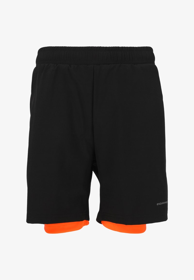 Shorts de sport noirs avec une taille élastique, présentant des accents orange au bas et un logo sur le côté. Tissu doux.