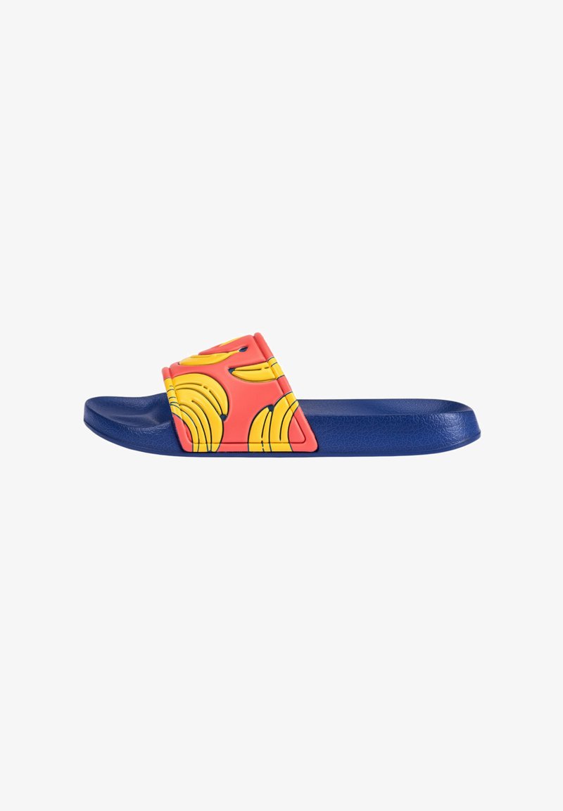 Rubber slide sandal with a navy sole, a pink strap featuring yellow banana patterns, and a textured surface.