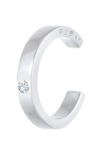 Anello in argento con finitura lucida, forma arrotondata, caratterizzato da una piccola pietra tonda trasparente su un lato e contrassegnato con "925" all'interno.