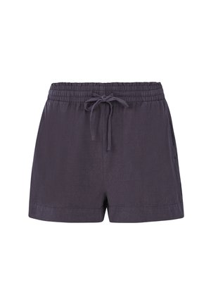 Tmavě šedé kraťasy vyrobené z lehkého materiálu, s elastickým pasem a zavazováním na šňůrku, a bočními kapsami.