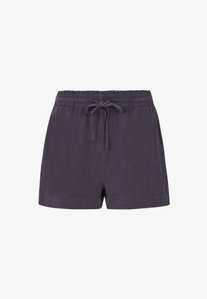 Donkergrijze shorts van lichtgewicht stof, met een elastische tailleband met een koord en zijzakken.