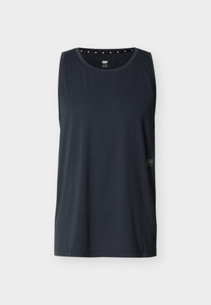 Must musta sportlik varrukateta t-särk ümmarguse kaelusega ja väikese peegeldava logoga alumisel vasakul küljel.