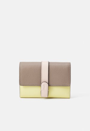 Leather wallet featuring a brown textured flap, pink strap, and a yellow base. Simple design with a central clasp detail.