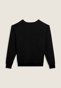 Felpa nera con maniche lunghe, scollo arrotondato, polsini e orlo a costine, caratterizzata da una texture liscia e un design minimalista senza grafiche.