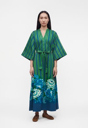 Vrouw staat en draagt een lange groen gestreepte jurk met brede mouwen, een taillekoord en blauwe bloemenpatronen nabij de zoom, gecombineerd met bruine schoenen.