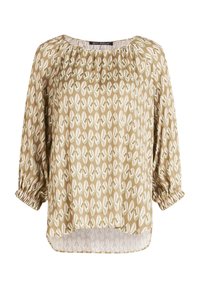 Blusa con scollo rotondo e maniche a tre quarti, realizzata in un tessuto beige con un motivo geometrico di foglie in bianco e verde.