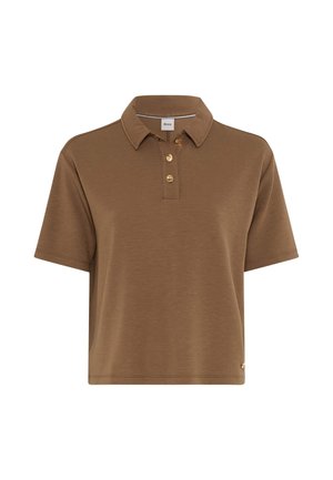 Brown short-sleeve polo shirt with three gold buttons and a collar, displayed on a plain white background.