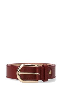 Red leather belt with textured surface, gold metal buckle, and matching loop, rolled up against a white background.