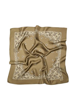 Sciarpa di seta marrone con paisley crema e piccoli motivi floreali, leggermente spiegazzata e distesa piatta.