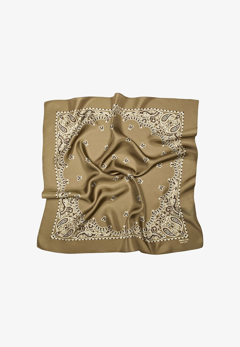 Brown silk scarf with cream paisley and small floral patterns, slightly wrinkled and spread flat.