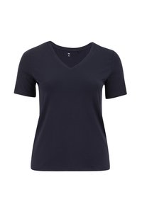 Camiseta de algodón azul marino con cuello en V, mangas cortas y diseño liso sin patrones ni acentos.