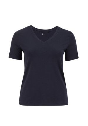 Tumed sinine puuvillane T-särk, millel on V-kaelus, lühikesed varrukad ja lihtne disain, ilma mustrite või aktsentideta.