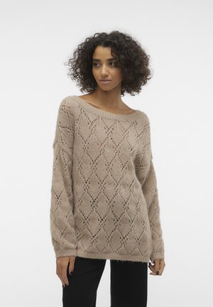 Beige gestrickter Pullover mit einem diamantenförmigen Muster aus Lochstrick, rundem Ausschnitt, langen Ärmeln sowie gerippten Bündchen und Saum. Weicher, strukturierter Stoff.