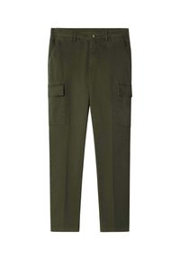 Olijfgroene cargobroek van katoen, met twee zijkanten cargozakken, een knoopsluiting en een recht pijp ontwerp. Gladde textuur.