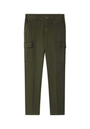 Olivgrüne Cargohosen aus Baumwolle, mit zwei seitlichen Cargotaschen, Knopfverschluss und geradem Bein-Design. Glatte Textur.