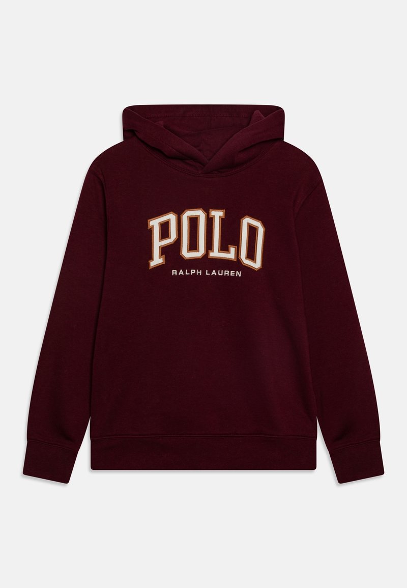 Sweat à capuche bordeaux avec "POLO" en grandes lettres et "Ralph Lauren" en dessous sur le devant, manches longues et poignets côtelés.