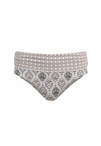 Bikini apakšda gaismas bēšā audumā ar melniem punktiņiem un rakstainu dizainu, kurā ir grezni motīvi tumši zilā un zelta akcentiem.