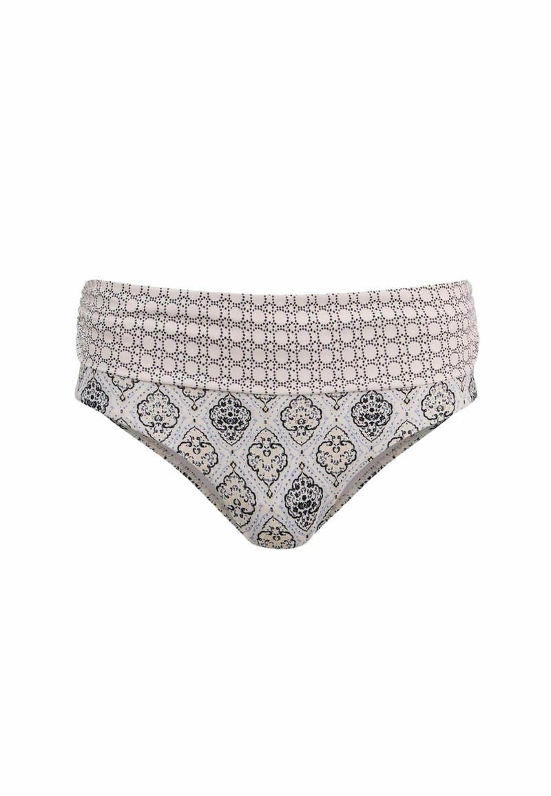 Bikiniunderdel i ljusbeige tyg med svarta prickar och ett mönster som har utsmyckade motiv i mörkblått och guldaccenter.