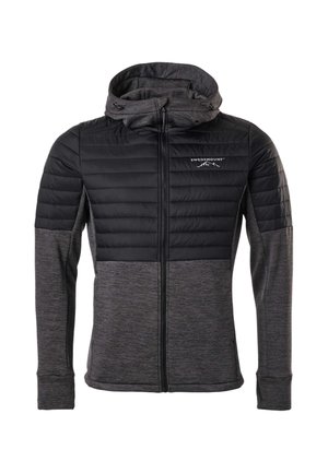 Męska czarno-szara kurtka zapinana na zamek z pikowaną piersią, przymocowanym kapturem ze sznurkami i długimi rękawami z otworami na kciuki.