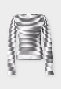 Μπλούζα με μακριά μανίκια και οριζόντιες μαύρες και λευκές ρίγες, με εφαρμοστή γραμμή και λαιμόκοψη bateau. Απαλό ύφασμα με ελαφριά ελαστικότητα.