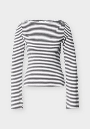 Haut à manches longues avec des rayures horizontales noires et blanches, doté d'une coupe ajustée et d'un col bateau. Tissu doux avec un léger effet stretch.