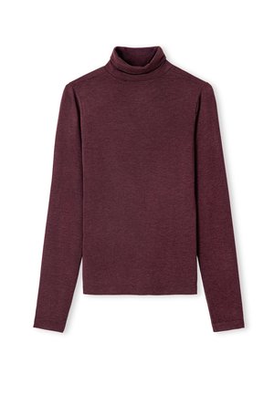 Top de cuello alto de manga larga en burdeos, hecho de una tela suave, que presenta un diseño simple y ajustado sin patrones ni acentos.