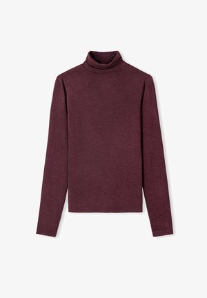 Haut à col roulé à manches longues bordeaux, en tissu doux, présentant un col haut et un design simple et ajusté sans motifs ni accents.