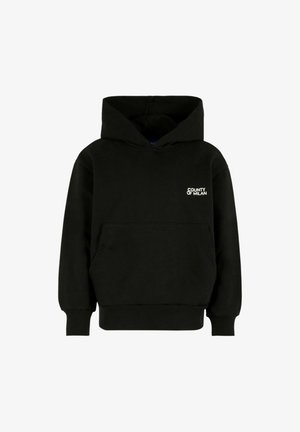 Felpa con cappuccio nera in misto cotone, con tasca a marsupio, polsini a costine e un piccolo logo bianco sul petto a sinistra.