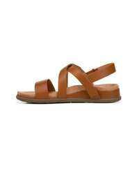 Brown leather sandal with multiple cross straps, a cushioned insole, flat sole, and a minimalistic design ideal for casual wear.