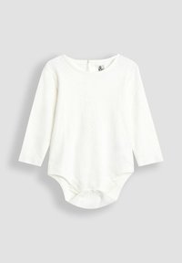 Weißer langärmeliger Body mit einem strukturierten Muster und rundem Ausschnitt, mit Druckknöpfen am Boden für einen sicheren Verschluss.