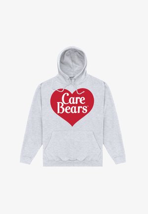 Šedá mikina s kapucí, která má velký grafický motiv červeného srdce s nápisem "Care Bears" v bílé barvě. Obsahuje přední kapsu a nastavitelné tkaničky.
