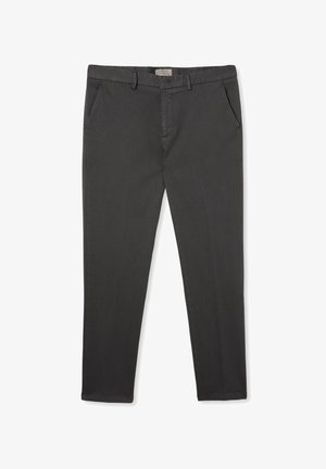 Ciemnoszare chinosy wykonane z bawełny. Mają prosty przód, dwie boczne kieszenie oraz smukły krój. Gładka tekstura z minimalnymi detalami.