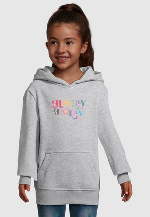 Hanorac gri cu glugă, dotat cu o buzunar frontal și un design colorat cu textul "Holly Jolly". Mansetele și tivul sunt riblate pentru o textură suplimentară.
