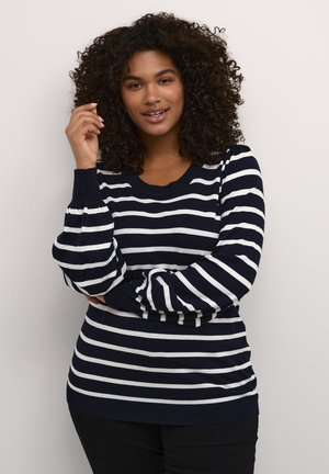Navy and white striped sweater with a crew neckline and long sleeves, featuring textured cuffs and a relaxed fit.