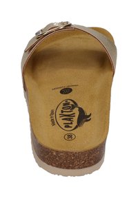 Cork footbed sandal with a textured tan upper, adjustable strap, and a silver accent buckle. Features a memory cushion lining for comfort.