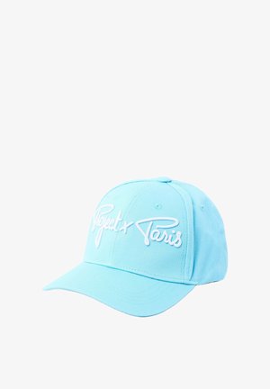 Gorra de béisbol azul claro con texto bordado en blanco "Project X Paris" en el panel delantero, con visera curva y ojales de ventilación cosidos.