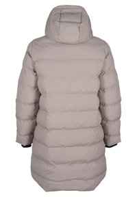 Puffermantel i ljusbeige med avtagbar huva, quiltad design, långa ärmar och elastiska muddar för en tät passform.