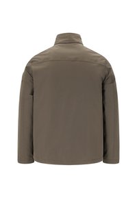 Brun, letvægts jakke med høj krave, lange ærmer og lige snit. Glat tekstur og minimalistisk design uden yderligere funktioner.