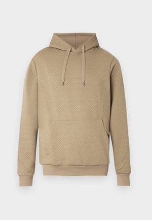 Beige hoodie met een ruitvormige doorgestikte textuur, een voorzak, een capuchon met trekkoord en geribbelde boorden en zoom.