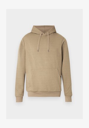Beige hoodie met een ruitvormige doorgestikte textuur, een voorzak, een capuchon met trekkoord en geribbelde boorden en zoom.